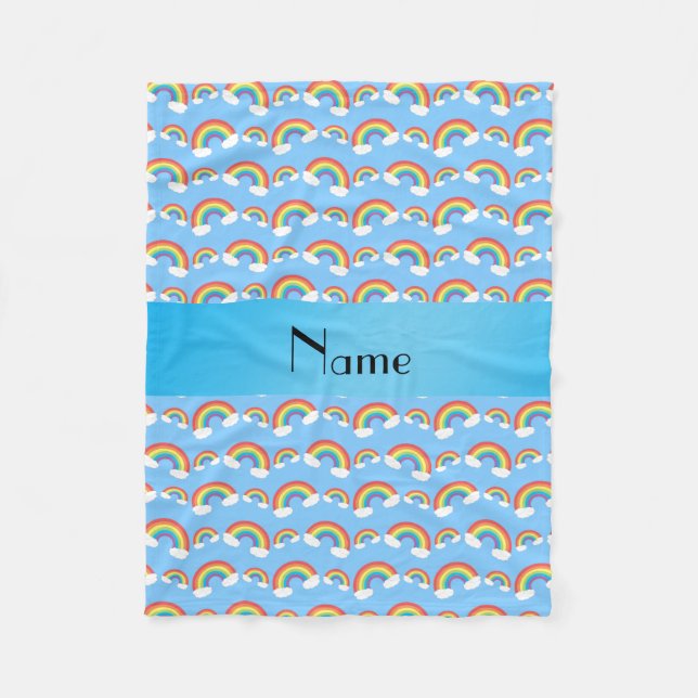 Personalised name pastel blue rainbows pattern fleece blanket (Front)
