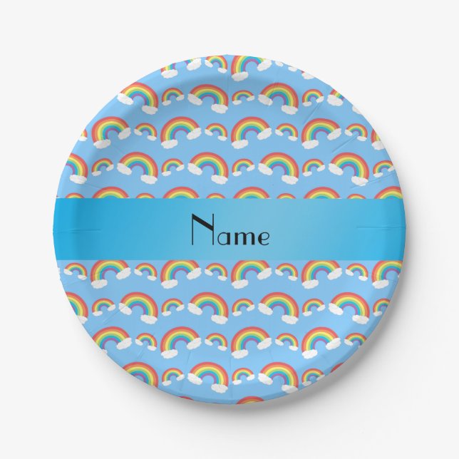 Personalised name pastel blue rainbows pattern paper plate (Front)