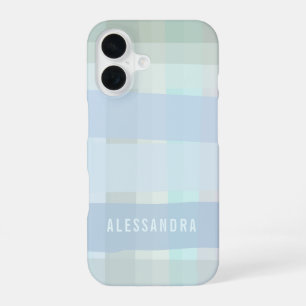 Personalised Name Pastel,Check Plaid Blue Sage iPhone 16 Case
