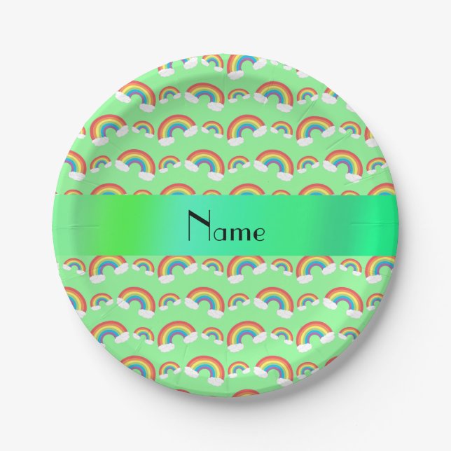 Personalised name pastel green rainbows paper plate (Front)