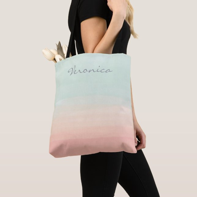 Personalised Name Pastel Mint Peach Watercolor  Tote Bag (Close Up)