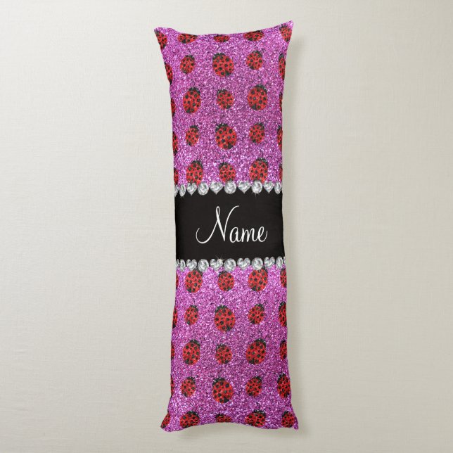Personalised name pastel purple glitter ladybug body cushion (Back (Vertical))