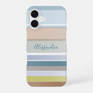 Personalised Name Pastel Stripes Modern Blue Sage iPhone 16 Case