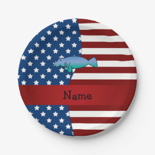 Personalised name Patriotic manatee Paper Plate