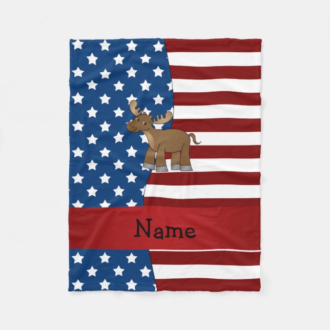Personalised name Patriotic moose Fleece Blanket (Front)