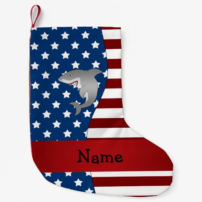 Personalised name Patriotic shark Small Christmas Stocking (Front)
