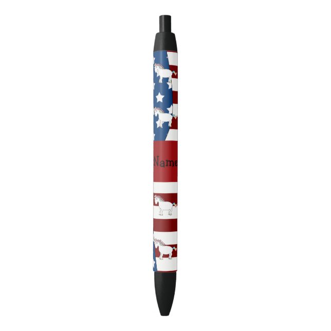 Personalised name Patriotic unicorn Black Ink Pen (Front Vertical)