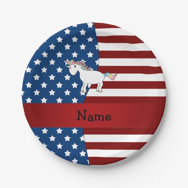 Personalised name Patriotic unicorn Paper Plate (Front)