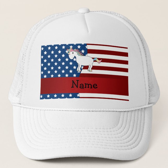 Personalised name Patriotic unicorn Trucker Hat (Front)