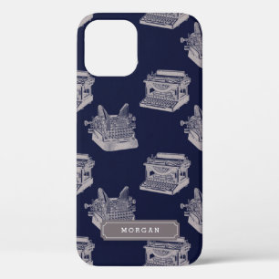 Personalised Name Pattern Blue Vintage Typewriter iPhone 12 Case