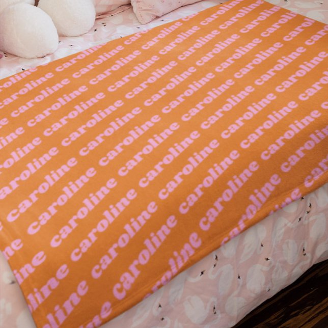 Personalised Name Pattern Retro Font Pink Orange Fleece Blanket (Creator Uploaded)