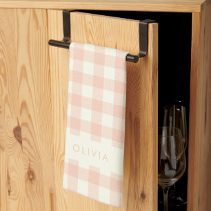 Personalised Name Peach Gingham Check Plaid Rustic Tea Towel