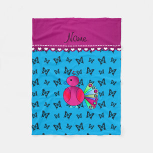 Personalised name peacock blue butterflies fleece blanket
