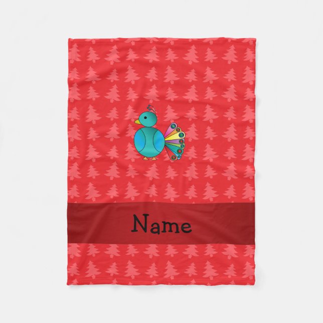 Personalised name peacock red christmas trees fleece blanket (Front)