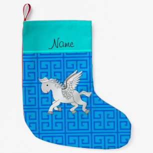 Personalised name pegasus blue greek key small christmas stocking