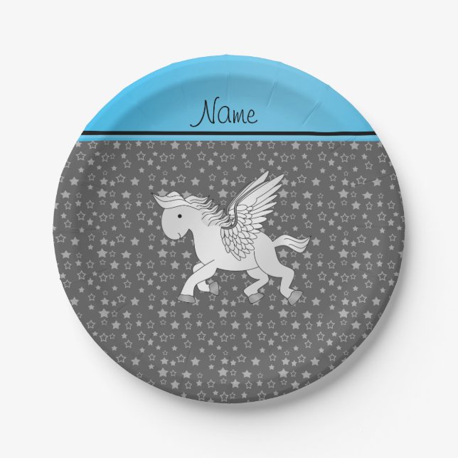 Personalised name pegasus grey stars paper plate (Front)