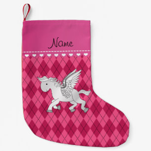 Personalised name pegasus pink argyle small christmas stocking