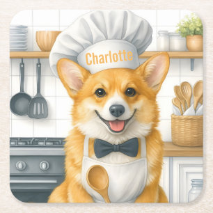 Personalised Name Pembroke Welsh Corgi Dog Chef Square Paper Coaster