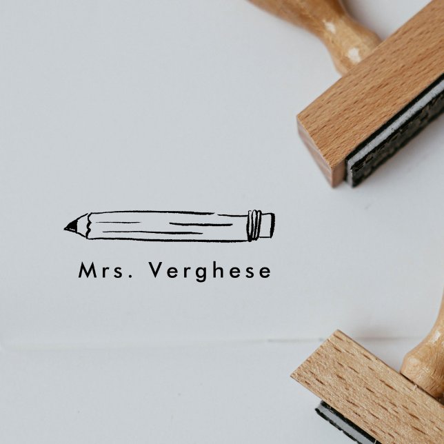 Personalised Name Pencil Rubber Stamp (Hand-drawn No. 2 pencil illustration custom name rubber stamp.)