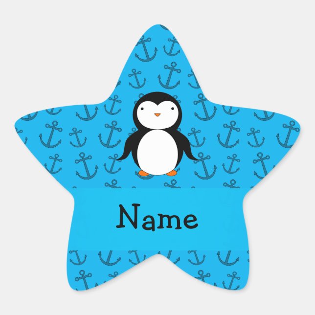 Personalised name penguin blue anchors pattern star sticker (Front)