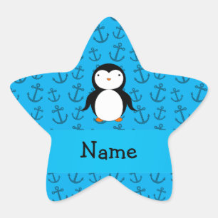 Personalised name penguin blue anchors pattern star sticker