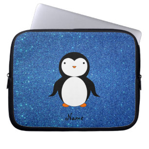 Personalised name penguin blue glitter laptop sleeve