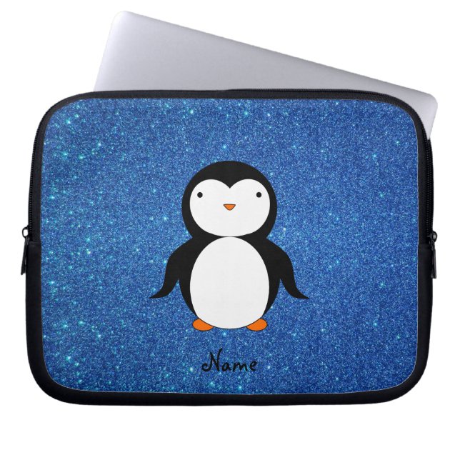 Personalised name penguin blue glitter laptop sleeve (Front)