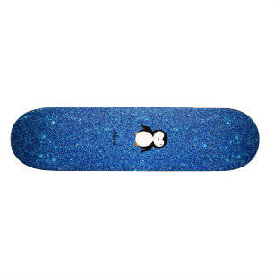Personalised name penguin blue glitter skateboard