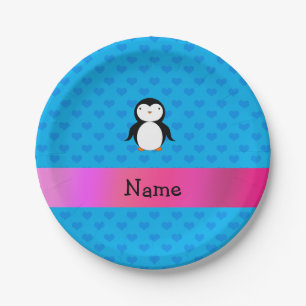 Personalised name penguin blue hearts paper plate