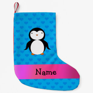 Personalised name penguin blue hearts small christmas stocking