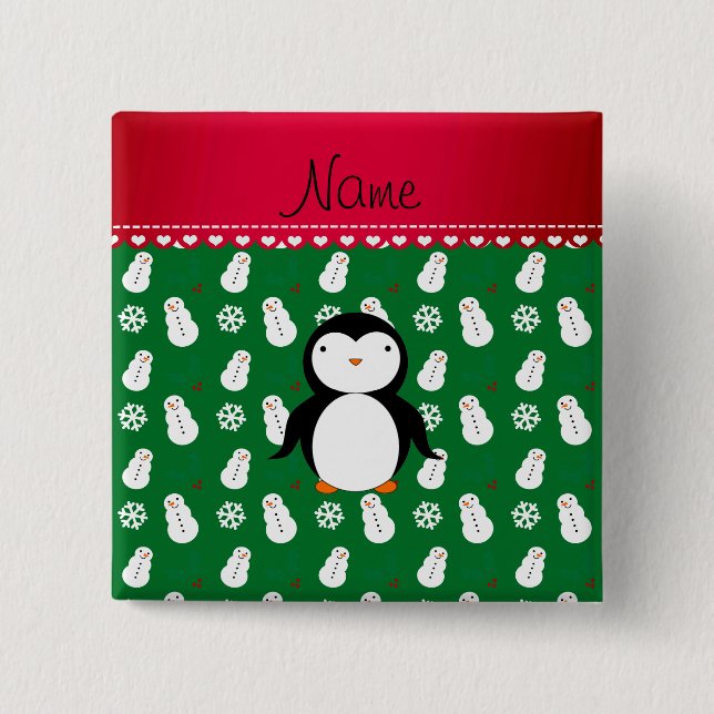 Personalised name penguin green snowmen snowflakes 15 cm square badge (Front)