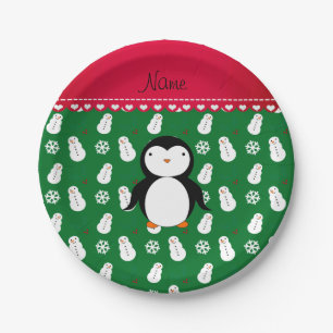 Personalised name penguin green snowmen snowflakes paper plate