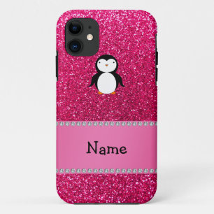 Personalised name penguin pink glitter iPhone 11 case
