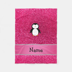 Personalised name penguin pink glitter fleece blanket