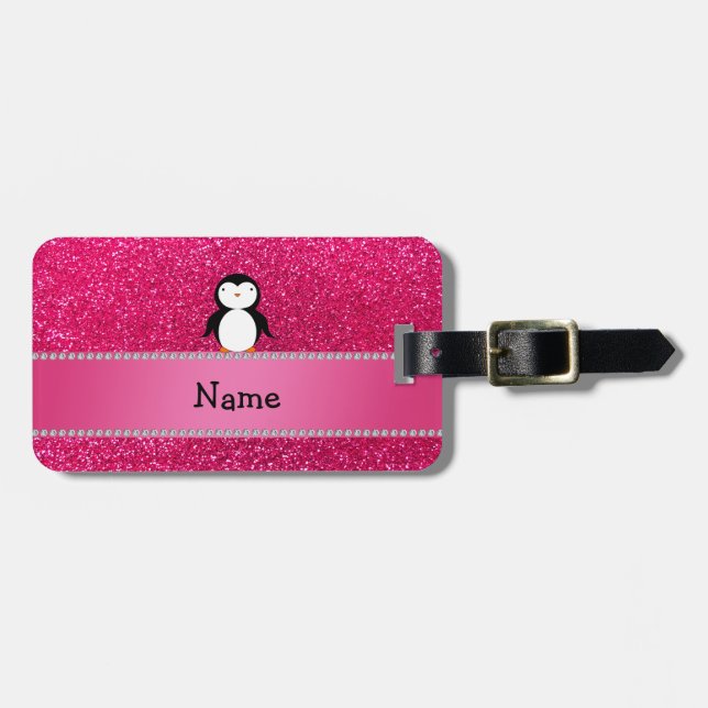 Personalised name penguin pink glitter luggage tag (Front Horizontal)