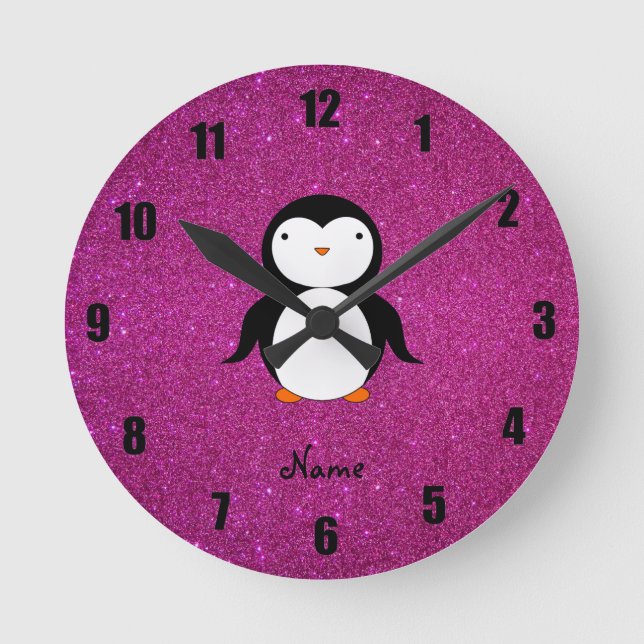Personalised name penguin pink glitter round clock (Front)