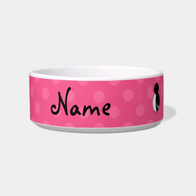 Personalised name penguin pink polka dots bowl (Left)