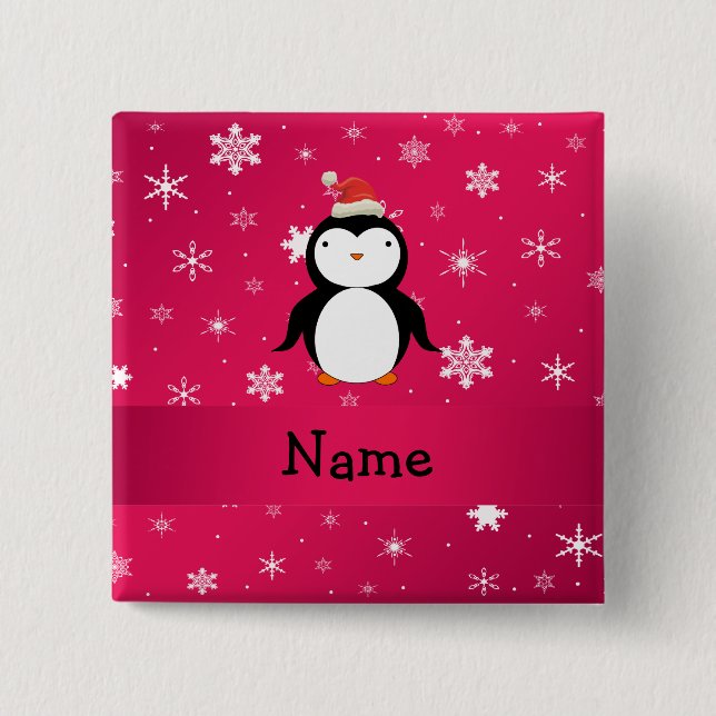 Personalised name penguin pink snowflakes 15 cm square badge (Front)