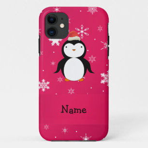 Personalised name penguin pink snowflakes iPhone 11 case