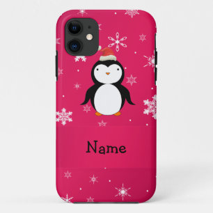 Personalised name penguin pink snowflakes iPhone 11 case