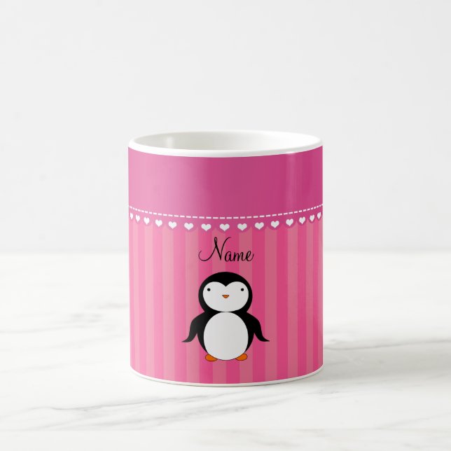 Personalised name penguin pink stripes coffee mug (Center)