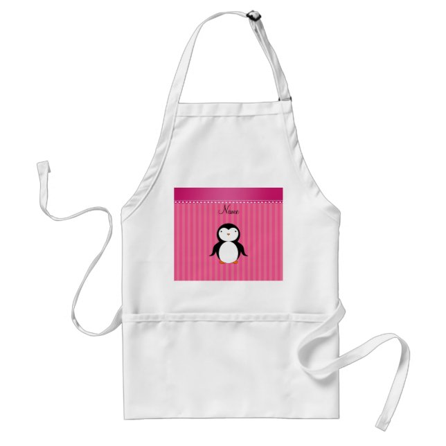 Personalised name penguin pink stripes standard apron (Front)