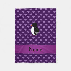 Personalised name penguin purple hearts fleece blanket