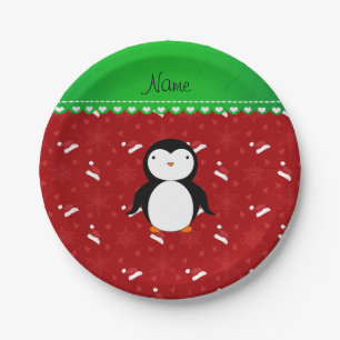 Personalised name penguin red santa hats snowflake paper plate