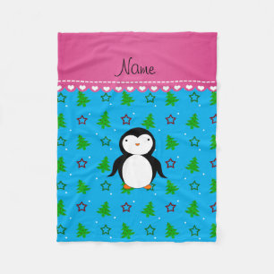 Personalised name penguin sky blue trees stars fleece blanket