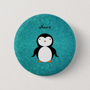 Personalised name penguin turquoise glitter 6 cm round badge