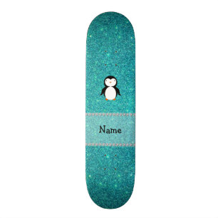 Personalised name penguin turquoise glitter skateboard