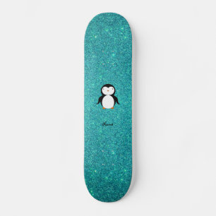 Personalised name penguin turquoise glitter skateboard