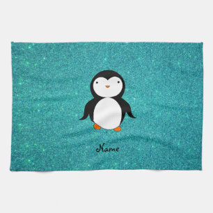 Personalised name penguin turquoise glitter tea towel