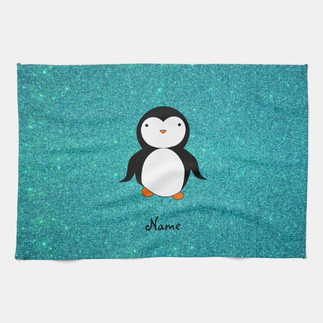 Personalised name penguin turquoise glitter tea towel (Horizontal)